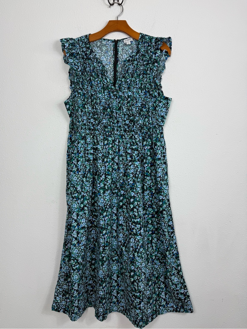 J.Crew Blue Green Floral Smocked Midi Dress V Neck Flutter Sleeves Sz Large